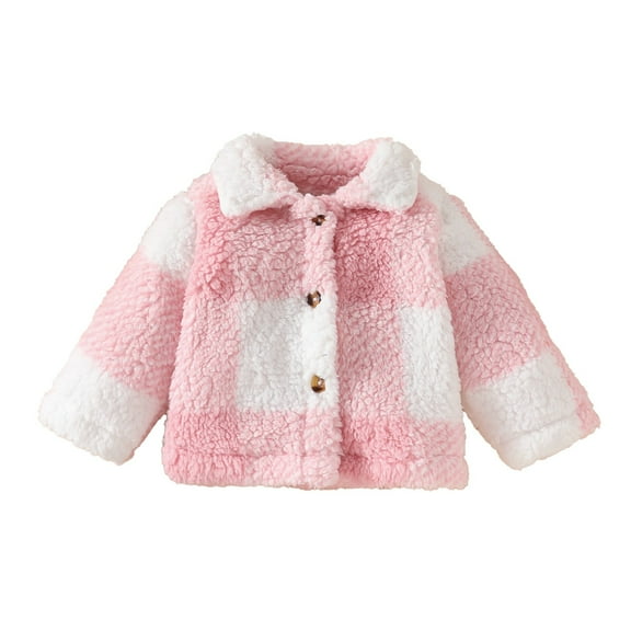 qolati Toddler Baby Girl Winter Outfit Clothes Button Down Fleece Coat Jacket Cardigan Sherpa Thick Warm Faux Furs Plaid Sweater Top Shacket Outerwear