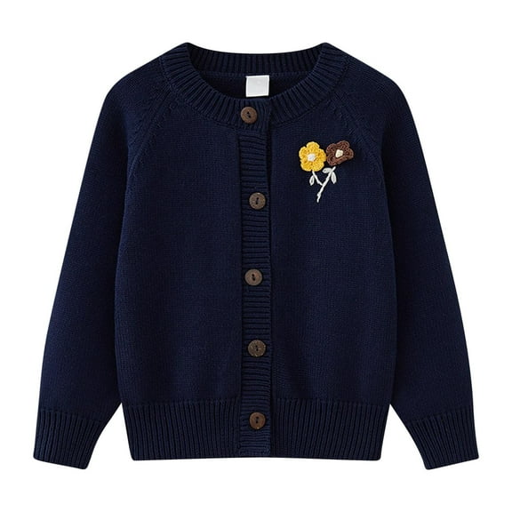 qolati Toddler Baby Girls Cardigan Sweater Knitted Button Up Long Sleeve Tops Cute Floral Embroidery Crewneck Outfit for Winter