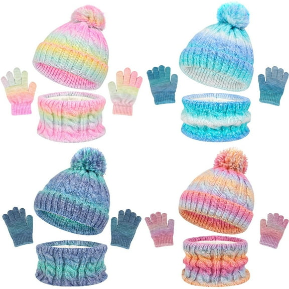 qolati Toddler Beanie Hat Scarf Gloves Set 3 Piece Winter Outfits Kids Knitted Mitten Fleece Lined Cap Scarf Warmer Sets for Boy Girl 3-10 Years