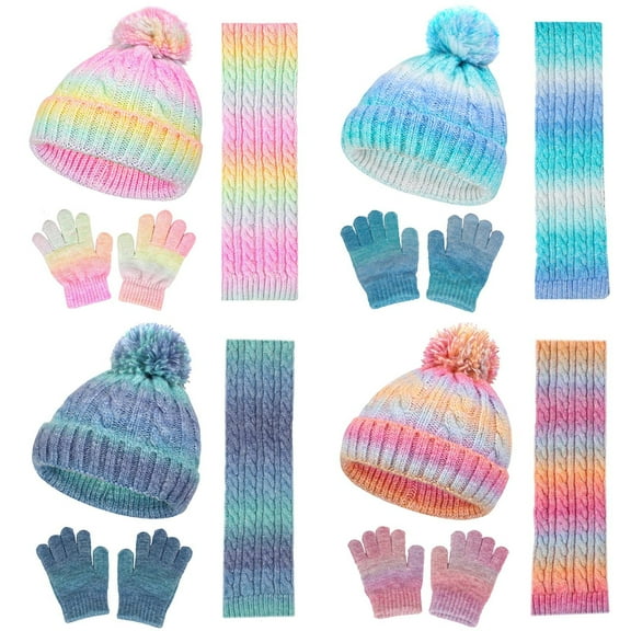 qolati Toddler Beanie Hat Scarf Gloves Set 3 Piece Winter Outfits Kids Knitted Mitten Fleece Lined Cap Scarf Warmer Sets for Boy Girl 3-10 Years