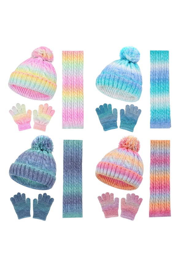 Toddler Beanie Hat Scarf Gloves Set 3 Piece Winter Outfits Kids Knitted Mitten Fleece Lined Cap Scarf Warmer Sets for Boy Girl 3-10 Years