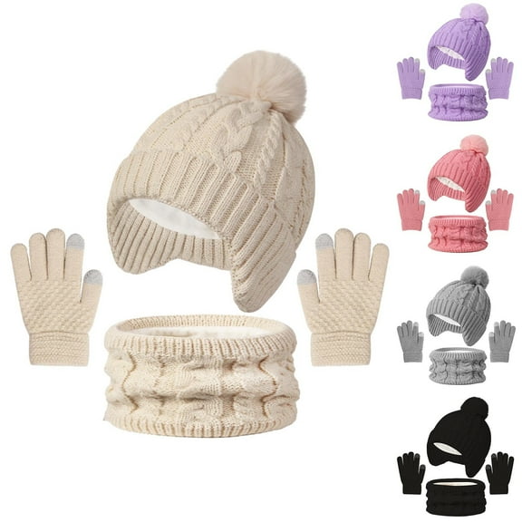 qolati Toddler Beanie Hat Scarf Gloves Set 3 Piece Winter Outfits Kids Knitted Touchscreen Gloves Fleece Lined Earflaps Cap Neck Warmer Sets for Boy Girl 3-10 Years