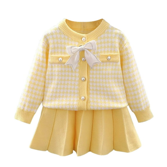 qolati Toddler Girl Skirt Set Knitting Button Down Long Sleeve Tweed Cotton Rims Cardigan Pleated Skirt for Kids Warm Outfit