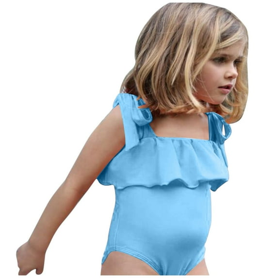 qolati Toddler Girl Swimsuit Cute Ruffled Sleeveless Bathing Suit Solid Spaghetti Straps One-Piece Swimwear Summer Beach Wear