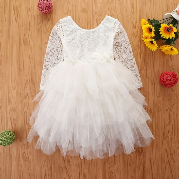 qolati Toddler Girls Tutus Dress Lace Hollow Out Ball Gown Elegant Long Sleeve Tiered Ruffle Chiffon Formal Evening Gown Flower Girl Dress for Party