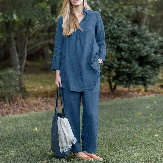 qolati Tow Piece Cotton Linen Outfits for Women Lightweight V Neck Long Sleeve Shirts Tops with Stretch Wide Leg Pants Loungewear Suits Loose Fit 2023 Vacation Tracksuit Sets