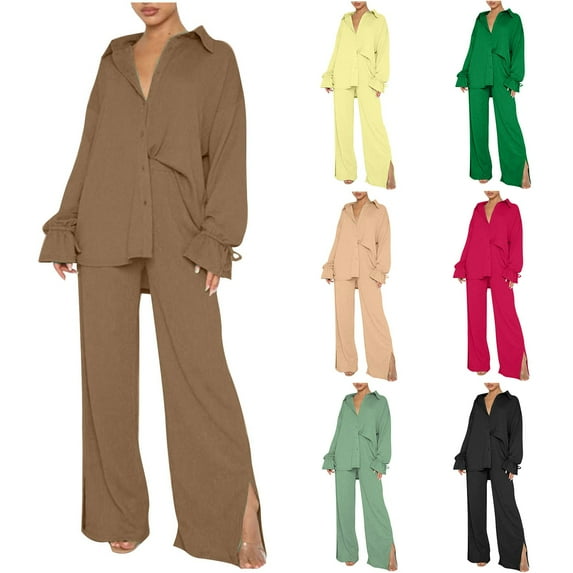 qolati Tow Piece Outfits for Women 2023 Solid Color V Neck Button Down Long Sleeve Shirts with Y2k Wide Leg Side Slit Long Pants Tracksuit Casual Loose Fit Workwear Lounge Sets