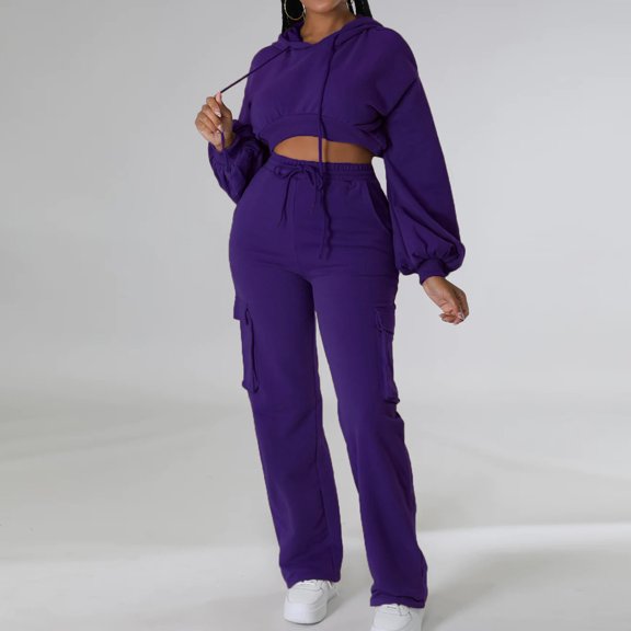 qolati Tow Piece Outfits for Women 2023 Casual Long Sleeve Cropped Sweatsuit with Jogger Sweatpants Lounge Sets Y2k Hooded Tracksuit with Pockets