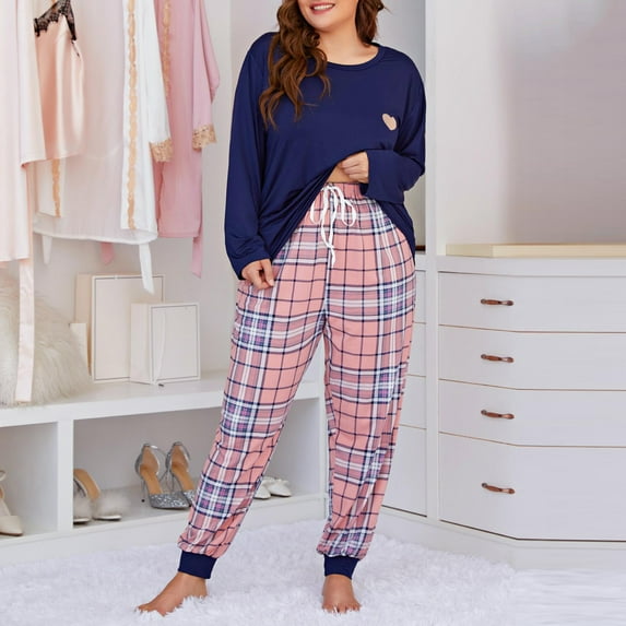 qolati Tow Piece Outfits for women Cute Crew Neck Long Sleeve Shirts with Plaid Lounge Pants Pajamas Set Plus Size Soft Comfy Pjs Homewear Suits