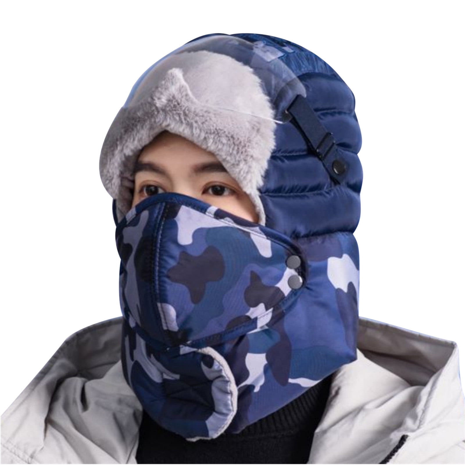 Clearance Under 10.00 qolati Trapper Hat for Women Men with Detachable Mask Ear Flaps Camouflage Windproof Winter Bomber Hats Cold Weather Warm Winter Faux Fur Hunting Balaclava Ski Hats Walmart Busin...