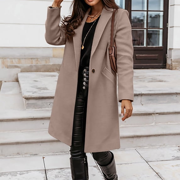 qolati Trench Coat for Women 2023 Fall Fashion Open Front Overcoat Mid-Long Outerwear Classic Fit Solid Color Buttons Down Cardigan Jackets