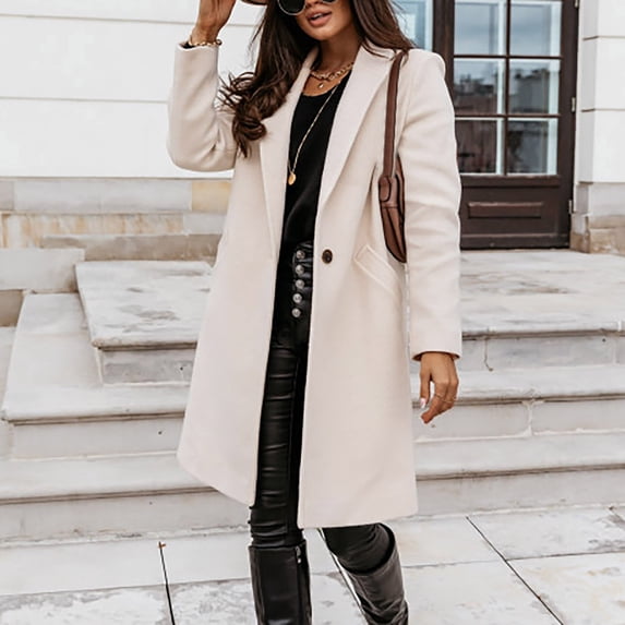 qolati Trench Coat for Women 2023 Fall Fashion Open Front Overcoat Mid-Long Outerwear Classic Fit Solid Color Buttons Down Cardigan Jackets