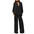 thumbnail image 1 of qolati Two Piece Outfits for Women Long Sleeve V Neck Pullover Tops Wide Leg Pants Travel Set 2024 Fall Matching Lounge Sets Black XL 10, 1 of 7
