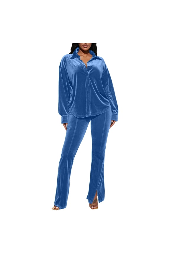 Two Piece Outfits for Women Y2k Clothes Button Down Shirts Skinny Flare Pants Tracksuit 2024 Velvet Loungwear Matching Sets