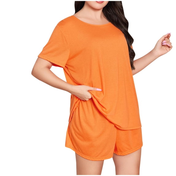 qolati Two Piece Pajamas Sets Womens Plus Size Short Sleeve Sleepwear Soft Crew Neck Pjs Shorts Set Loungewear Set
