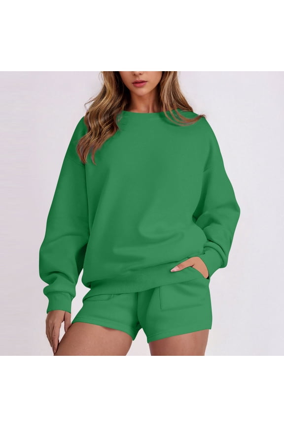 Two Piece Sets for Women Casual Tracksuits Baggy Shorts Oversized Fleece Pullover Crew Neck Sweatshirts Lounge Sweatsuits 2 Piece Outfit