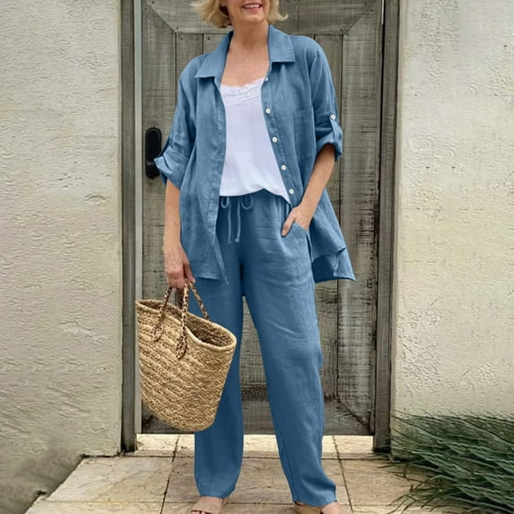 qolati Two Piece Sets for Women Solid 2 Piece Outfits Cotton Linen Oversized Button Down V Neck Long Sleeve Shirts High Waist Drawstring Wide Legs Pants Lounge Sets