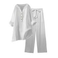 thumbnail image 1 of qolati Two Piece Sets for Women Solid 2 Piece Outfits Cotton Linen Oversized Button Down V Neck Long Sleeve Shirts High Waist Drawstring Wide Legs Pants Lounge Sets, 1 of 9