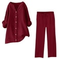 thumbnail image 1 of qolati Two Piece Sets for Women Solid 2 Piece Outfits Cotton Linen Oversized Button Down V Neck Long Sleeve Shirts High Waist Drawstring Wide Legs Pants Lounge Sets, 1 of 3