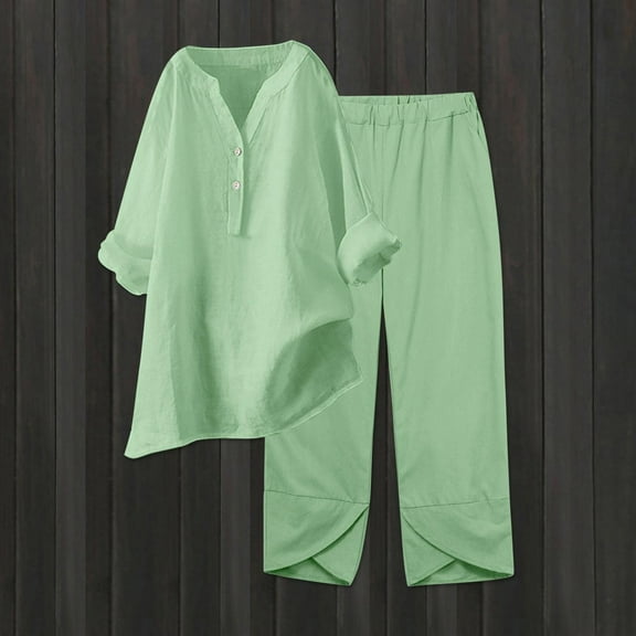 qolati Two Piece Sets for Women Solid 2 Piece Outfits Cotton Linen Oversized Button Down V Neck Long Sleeve Shirts High Waist Drawstring Wide Legs Pants Lounge Sets