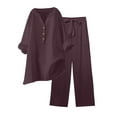 thumbnail image 1 of qolati Two Piece Sets for Women Solid 2 Piece Outfits Cotton Linen Oversized Button Down V Neck Long Sleeve Shirts High Waist Drawstring Wide Legs Pants Lounge Sets, 1 of 9