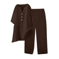 thumbnail image 1 of qolati Two Piece Sets for Women Solid 2 Piece Outfits Cotton Linen Oversized Button Down V Neck Long Sleeve Shirts High Waist Drawstring Wide Legs Pants Lounge Sets, 1 of 9