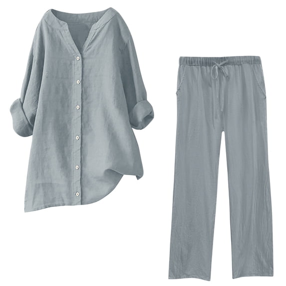 qolati Two Piece Sets for Women Solid 2 Piece Outfits Cotton Linen Oversized Button Down V Neck Long Sleeve Shirts High Waist Drawstring Wide Legs Pants Lounge Sets