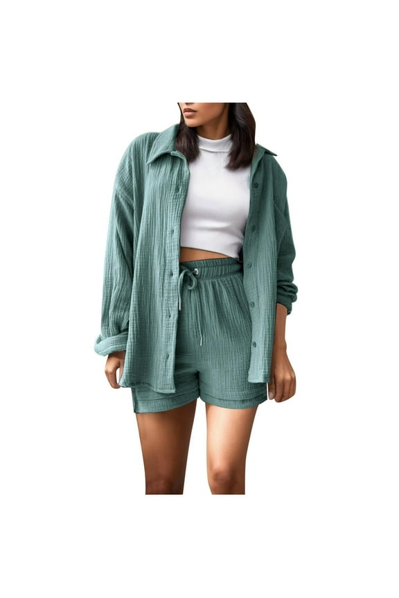 Two Piece Sets for Women Solid 2 Piece Outfits Oversized Button Down Long Sleeve Shirt and High Waist Drawstring Shorts Set 2024 Fashion Texture Lounge Tracksuits