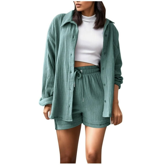 qolati Two Piece Sets for Women Solid 2 Piece Outfits Oversized Button Down Long Sleeve Shirt and High Waist Drawstring Shorts Set 2024 Fashion Texture Lounge Tracksuits