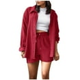 thumbnail image 1 of qolati Two Piece Sets for Women Solid 2 Piece Outfits Oversized Button Down Long Sleeve Shirt and High Waist Drawstring Shorts Set 2024 Fashion Texture Lounge Tracksuits, 1 of 4