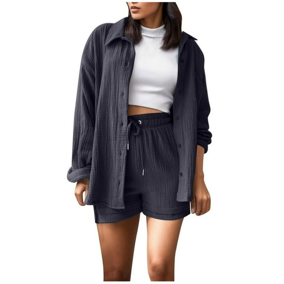 qolati Two Piece Sets for Women Solid 2 Piece Outfits Oversized Button Down Long Sleeve Shirt and High Waist Drawstring Shorts Set 2024 Fashion Texture Lounge Tracksuits