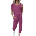 thumbnail image 1 of qolati Two Piece Sets for Women Summer Casual Crewneck Short Sleeve Tops and Long Pants Tracksuit Lightweight Loose Fit Lounge Jogger Sweatsuits with Pockets, 1 of 5