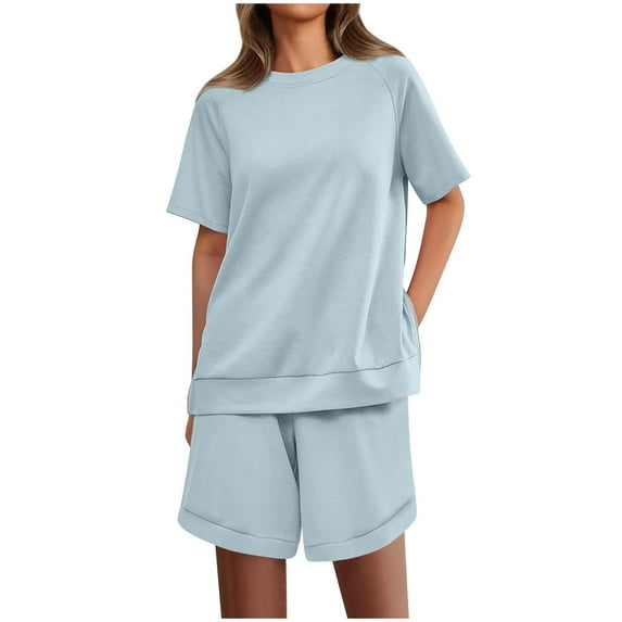 qolati Two Piece Sets for Women Summer Casual Short Sleeve Crewneck Sweatshirts and Workout Shorts 2 Piece Tracksuits Loose Fit Basic Lounge Matching Sets with Pockets