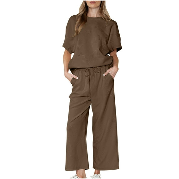 qolati Two Piece Sets for Women Textured Sweatsuit 3/4 Batwings Sleeve Crew Neck Pullover Top Wide Leg Pant Tracksuit Set 2024 Summer Outfits Lounge Sets