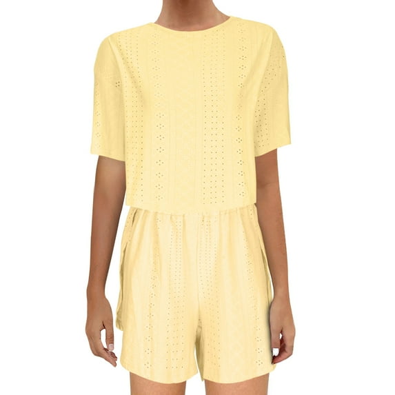 qolati Two Piece Sets for Women Eyelet Short Sleeve Crew Neck Top and Shorts Casual Outfits 2024 Summer Trendy Lounge Sets