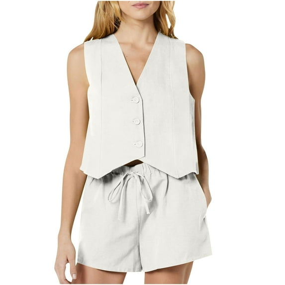 qolati Two Piece Sets for Women Fashion Button Sleeveless Suit Vest and HIgh Waisted Dressy Casual Shorts Business Work Blazer Set