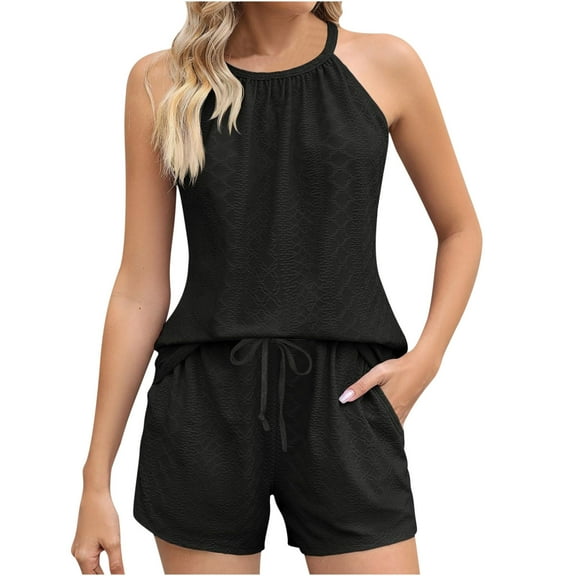 qolati Two Piece Sets for Women Summer Casual Shorts Outfits Halter Neck Sleeveless Clothes Vacation Beachwear
