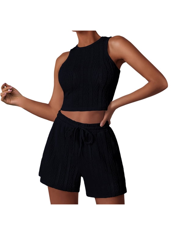Two Piece Sets for Women Texture Sleeveless Pullover Tops Matching Shorts 2 Piece Beach Vacation Outfits