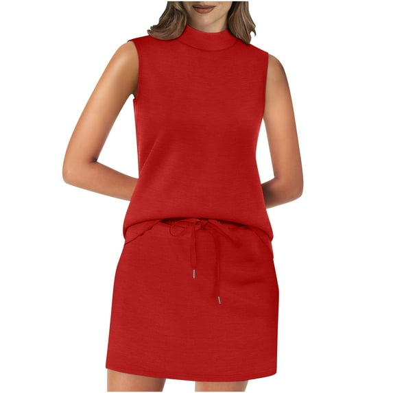 qolati Two Piece Skirt Sets for Women Summer Beach Vacation Outfits Mock Neck Sleeveless Tops Elastic Short Tennis Skirt with Pockets Lounge Matching Sets
