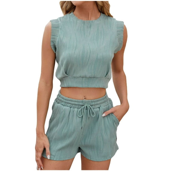 qolati Two Piece Summer Outfits Shorts Sets for Women 2 Piece Mock Neck Sleeveless Crop Tank Tops Hight Waist Shorts Lounge Set