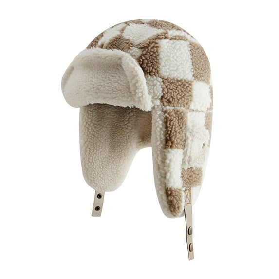qolati Unisex Winter Trapper Hat Plaid Fleece Linen Hunting Hat Windproof Ski Sherpa Hat Cap Warm Bomber Hat