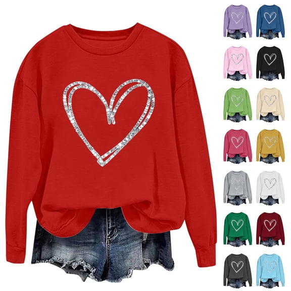 qolati Valentine's Sweatshirt for Women Cute Love Heart Tunic Blouse Lightweight Casual Long Sleeve Valentine Tshirt Party Holiday Tops