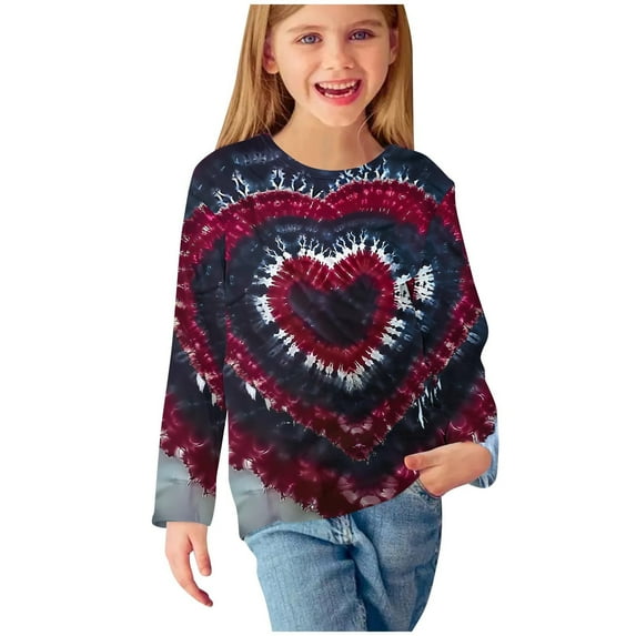 qolati Valentines Shirts for Girls Boys Trendy Tie-Dye Heart Graphic Tee Shirt Kids Casual Long Sleeve Cute Tops 3-13 Years Spring