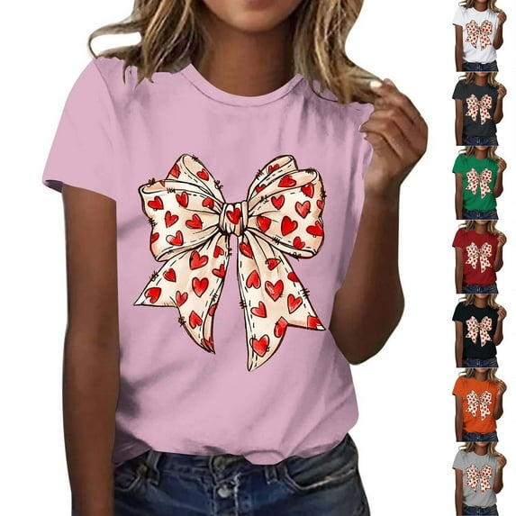 qolati Valentines Shirts for Women Cute Love Heart Graphic Shirt Valentine T Shirt Red Short Sleeve Casual Bowknot Print Tunic TopsPinkS