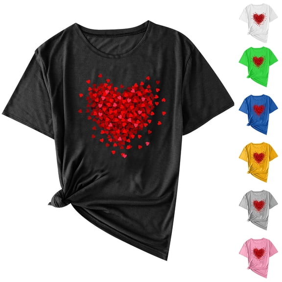 qolati Valentines T-Shirt for Women Cute Love Heart Grarphic Shirts Dressy Casual Valentines Short Sleeve Tunic Tops
