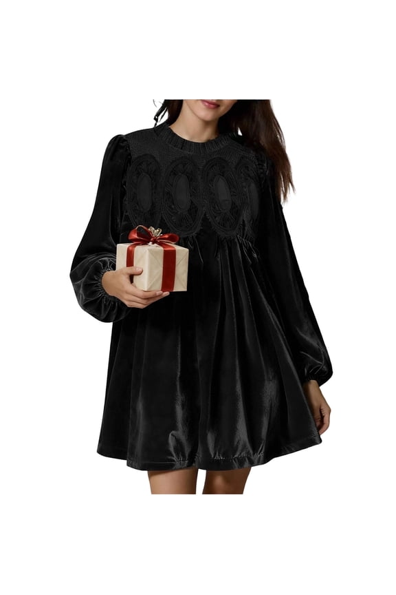 Velvet Dresses for Women Elegant A-Line Lace Overall Pleated Swing Tunic Dress Casual Skirtall Scallop Neck Flared Cocktail Wedding Mini Dress