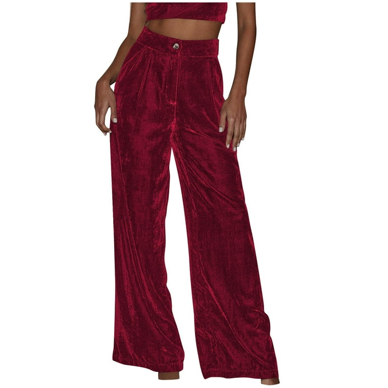 qolati Velvet Pants for Women High Waisted Wide Leg Palazzo Pants Dressy Causal Outfits Long Flowy Trousers with Pockets