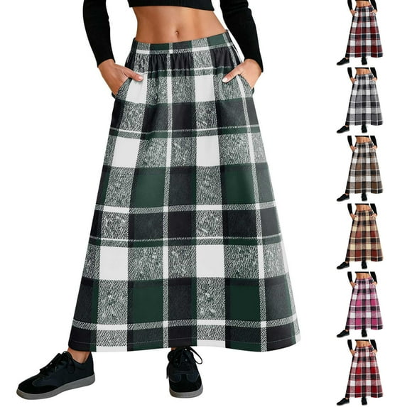 qolati Vintage Plaid Maxi Skirt for Women Elagant High Waisted Loose A-Line Business Casual Skirts Stretchy Wool Blend Christmas Dresses with Pockets Orange XXL