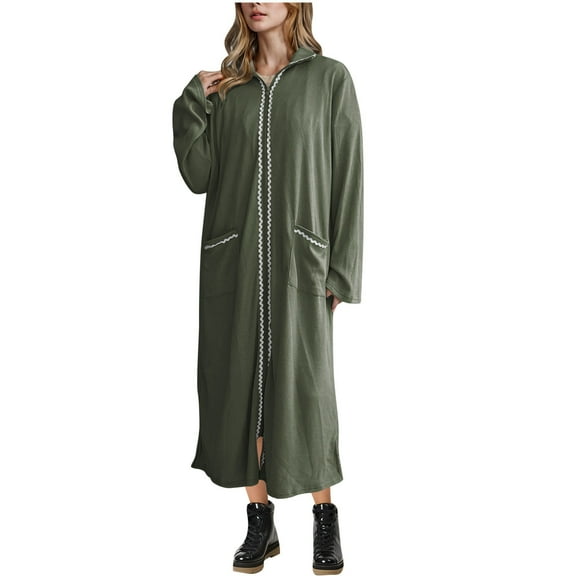 qolati Waffle Zipper Front Robes for Women Long Sleeve Wavy Striped Trim Nightgown Loungwear Long House Coat Pjs with Pockets