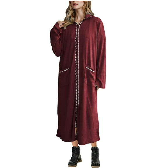 qolati Waffle Zipper Front Robes for Women Long Sleeve Wavy Striped Trim Nightgown Loungwear Long House Coat Pjs with Pockets